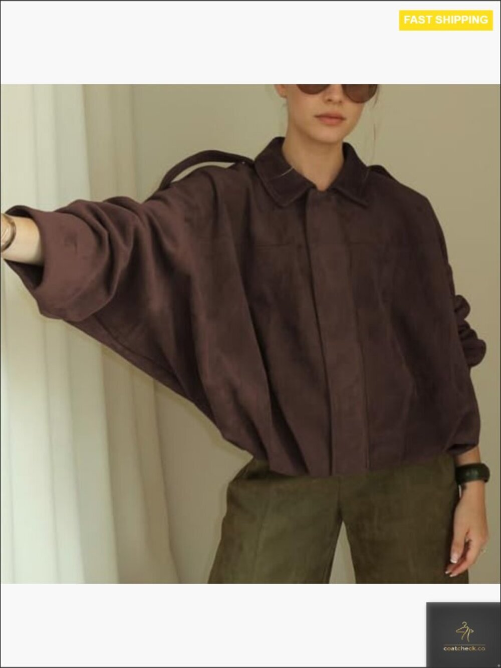 Faux Suede Bomber Jacket Lightweight Oversized Batwing Sleeve Streetwear Chic - Picture 6 of 7